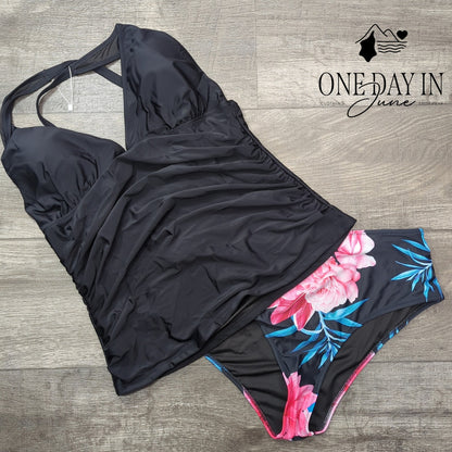Beachsissi V Neck Tummy Control Tankini Swimsuit Black Floral NWT Size XL