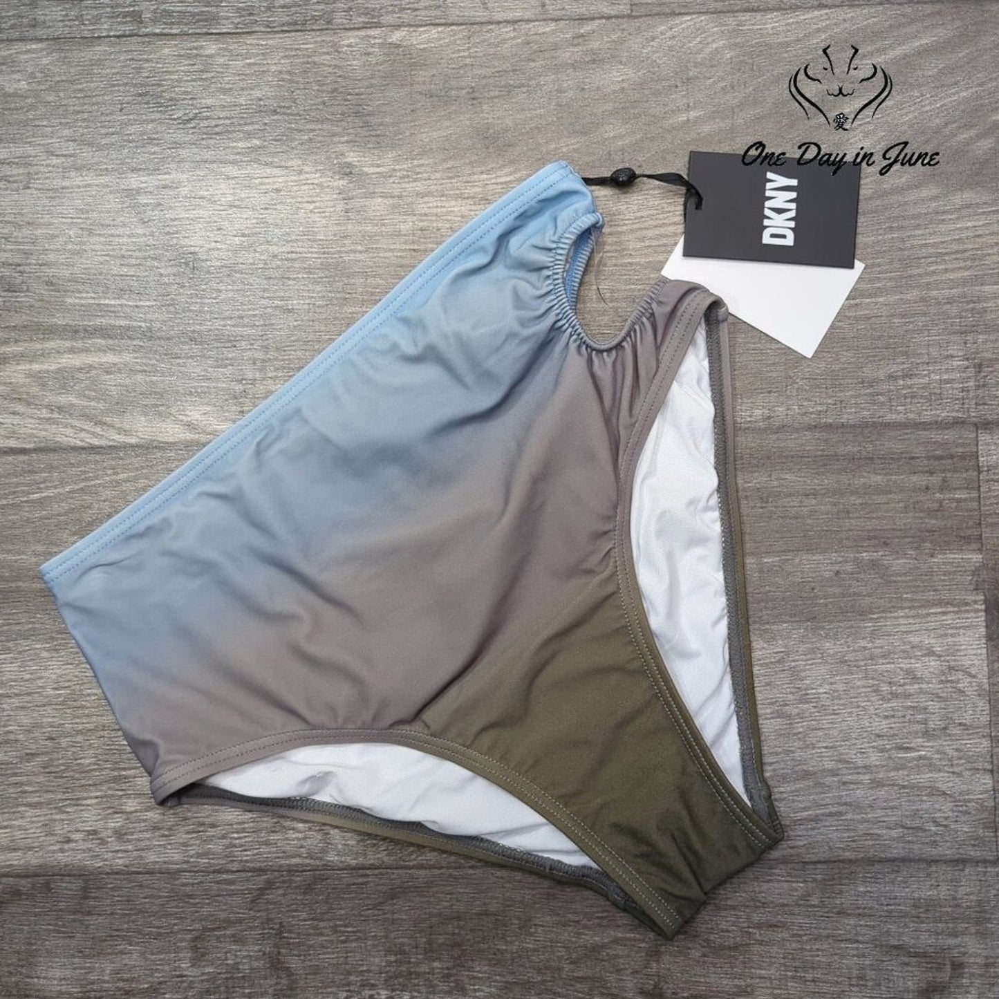 DKNY Cut Out Bikini Bottom High Waist Side Ruched Gray NWT $58 Size S
