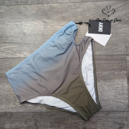 DKNY Cut Out Bikini Bottom High Waist Side Ruched Gray NWT $58 Size S