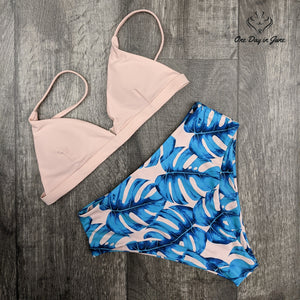 Zaful Palm Leaf Triangle Bikini Swimsuit Pink Blue Tropical Print Size S