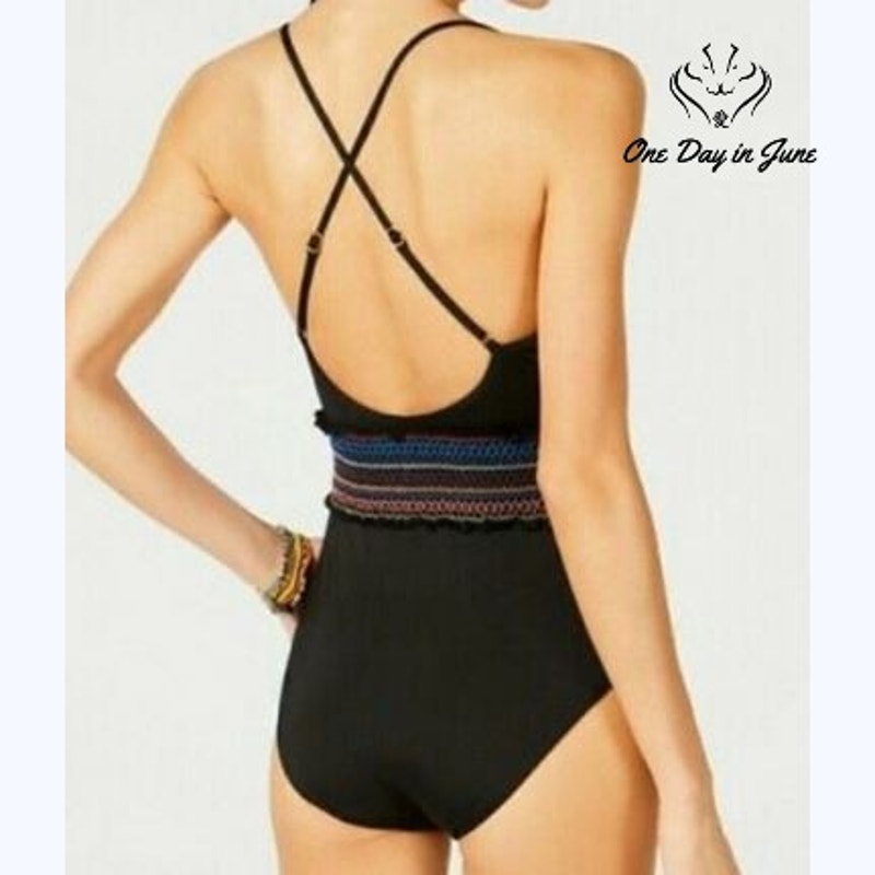 Bar III Smocking Solids Plunging V One Piece Swimsuit Black NWT Size XS