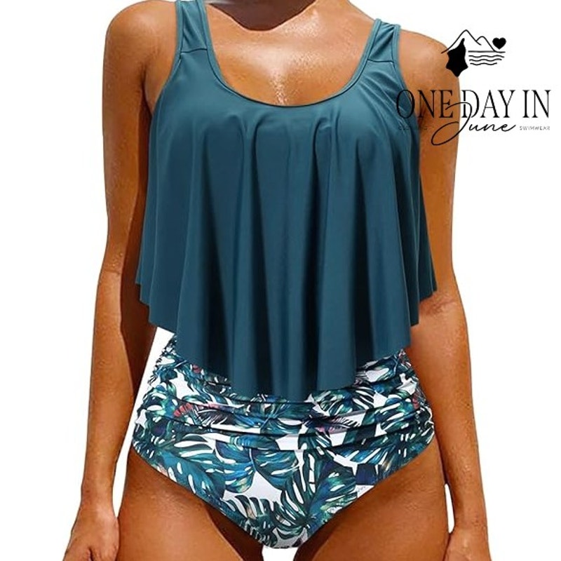 Adisputent Flounce Tankini High Waist Tropical Bikini Swimsuit Teal NWT Size XL