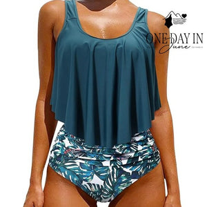 Adisputent Flounce Tankini High Waist Tropical Bikini Swimsuit Teal NWT Size XL