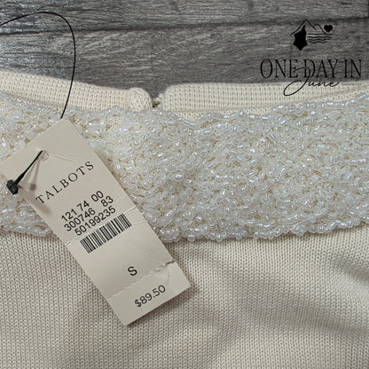 Talbots Beaded Neckline Sweater Ivory Pearl Embellished NWT $89.50 Size S