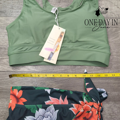 Dokotoo Green Floral High Waist Bikini Crop Top 2 Piece Swimsuit NWT Size S