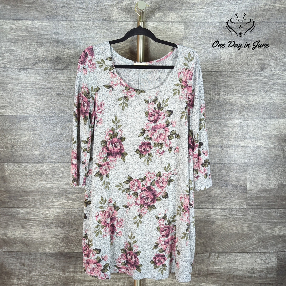 Altar'd State Floral Sweater Dress Gray Pink Rose Print Long Sleeve Size L