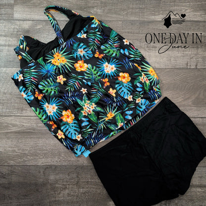 Yonique Plus Size Tropical Blouson Tankini Swimsuit Size 16W