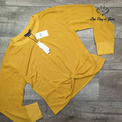 Sanctuary Mustard Yellow Long Sleeve Twist Front Knit Sweater NWT Size L