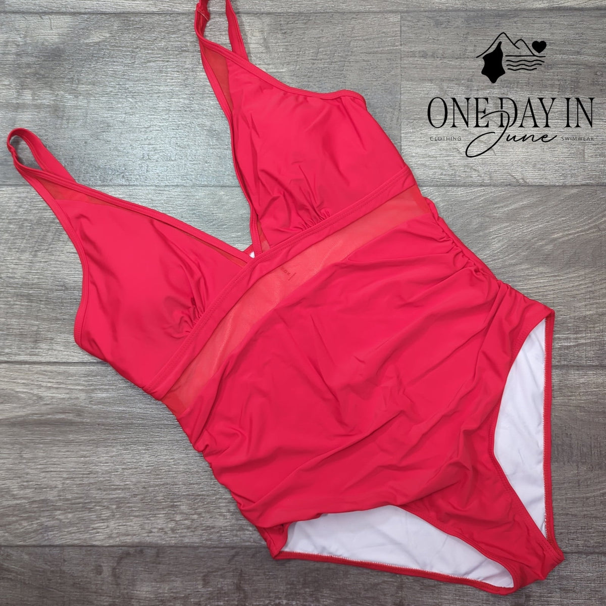 Zando Mesh Cut Out One Piece Swimsuit Red Ruched Tummy Control Size XL