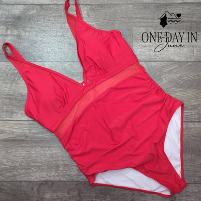 Zando Mesh Cut Out One Piece Swimsuit Red Ruched Tummy Control Size XL