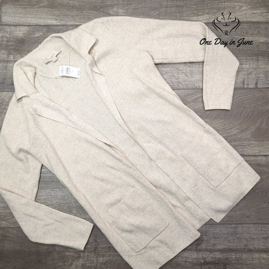 Loft Open Front Cardigan Sweater Oatmeal Beige Patch Pockets NWT Size XS