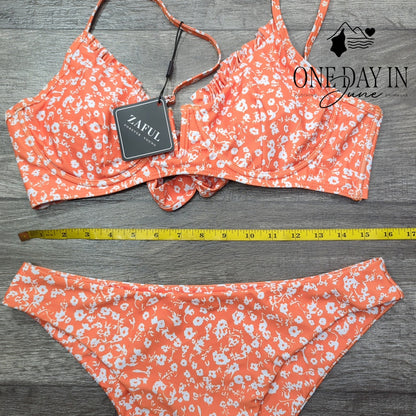 Zaful Floral Underwire Bikini Set Orange White Tie Back High Cut NWT Size L
