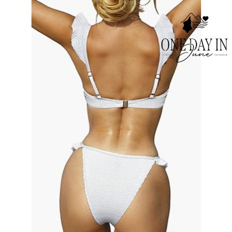 CharmLeaks Smocked Underwire Ruffle Bow Bikini Swimsuit White Black Size L