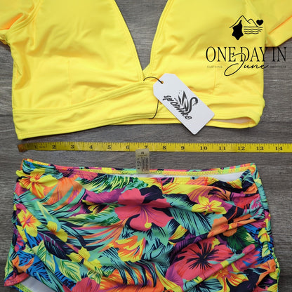 Sporlike Yellow Ruffle Shoulder Tropical High Waist Bikini Swimsuit NWT Size M