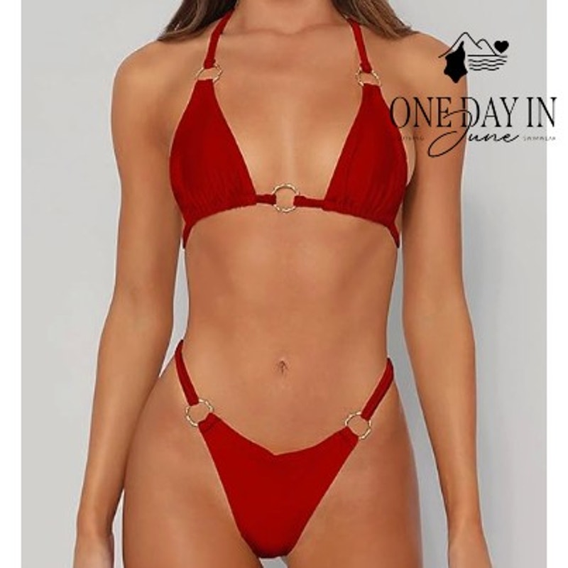 Miketai Triangle Thong Bikini Swimsuit Red Gold O-Ring NWT Size S
