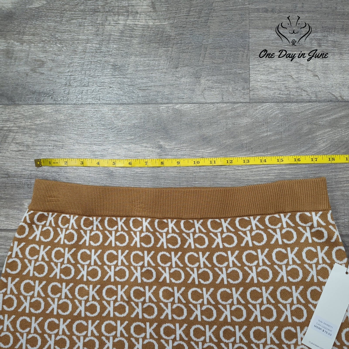Calvin Klein CK Monogram Pull On Knit Pencil Skirt Camel White NWT Size L