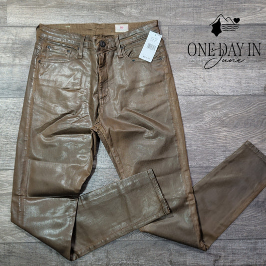 AG Adriano Goldschmied Coated Metallic Straight Leg Jeans Bronze NWT Size 4