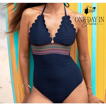 Cupshe One Piece Swimsuit Navy Blue Scallop V Neck Textured NWT Size M