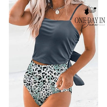 CharmLeaks Crop Top High Waist Bikini Swimsuit Gray Leopard Print Size L
