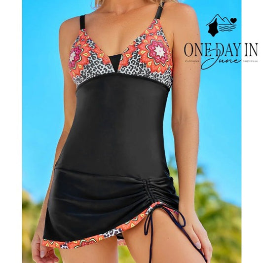 Aleumdr Black Floral Print One Piece Swimdress Swimsuit Ruched NWT Size XL