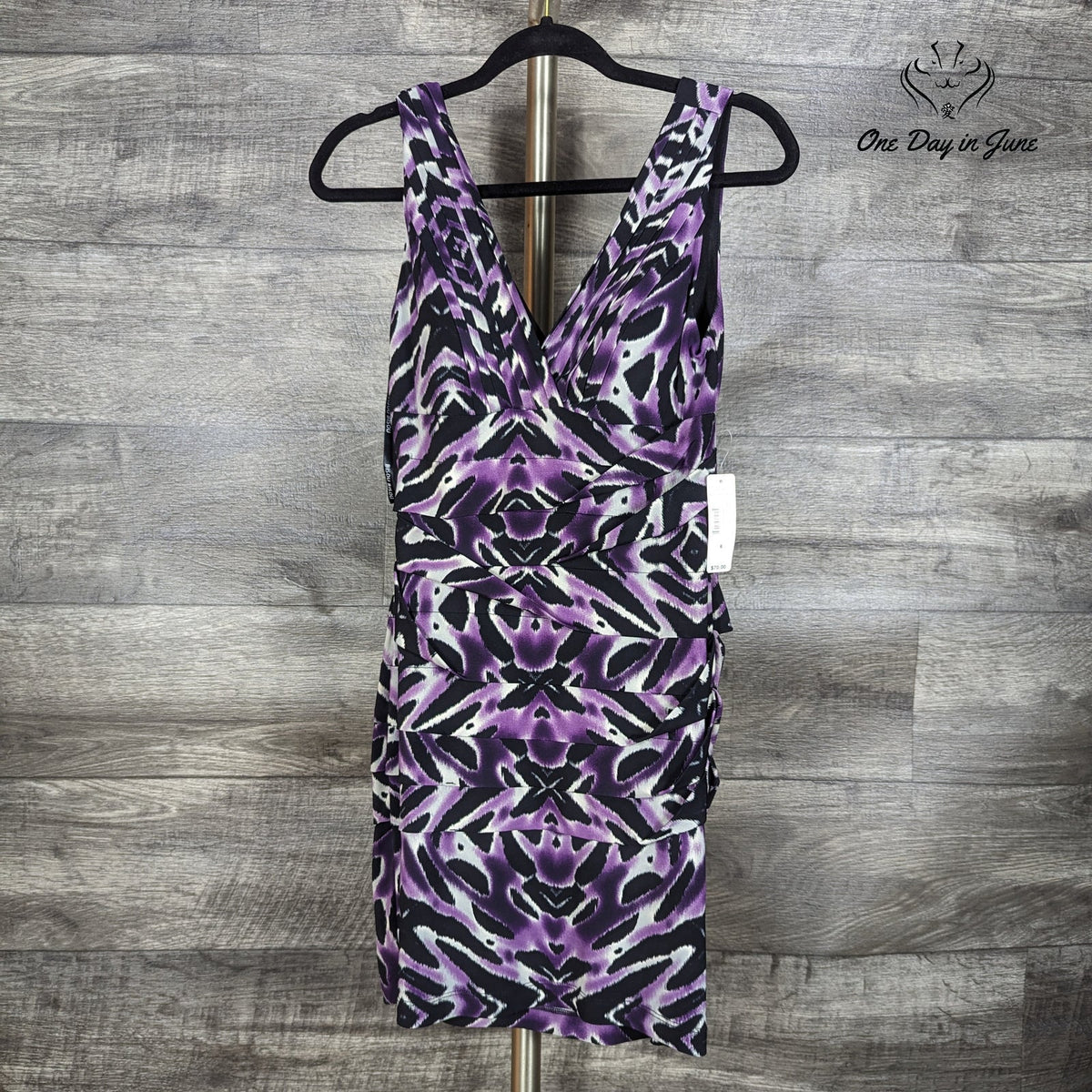 Bisou Bisou Michele Bohbot Tiered Bodycon Mini Dress Purple Black NWT Size 6
