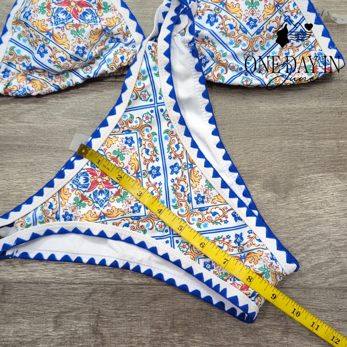 Bikinx Mediterranean Floral Triangle Cheeky Bikini Swimsuit Blue NWT Size L