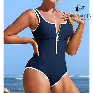 Charmo Half Zip One Piece Swimsuit Navy Blue White Trim NWT Size M