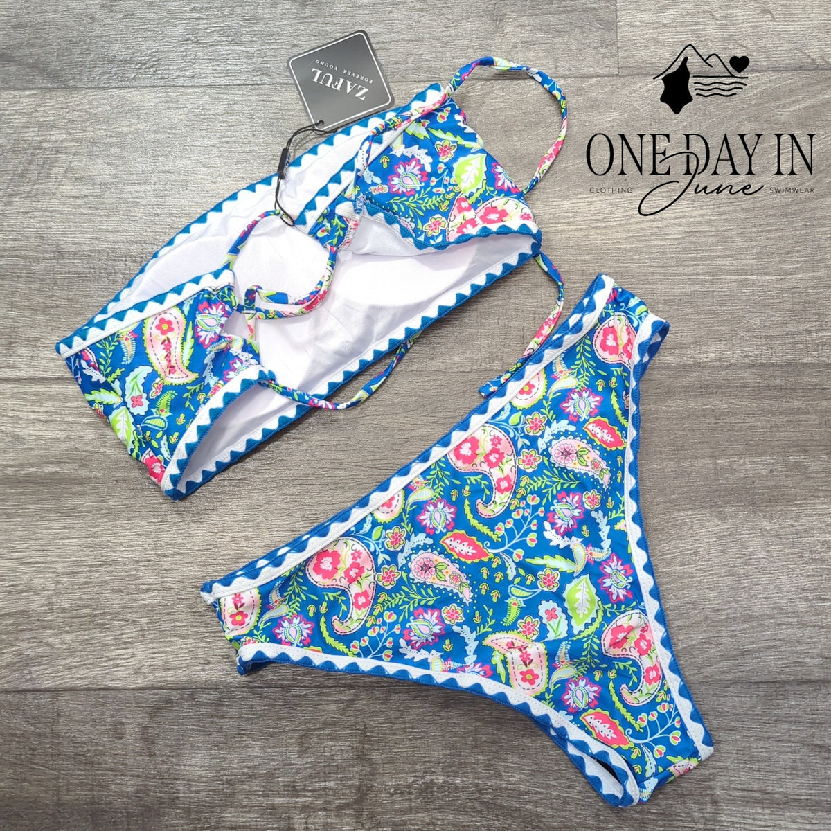 Zaful Floral Paisley Bandeau Bikini Swimsuit Blue NWT Size s
