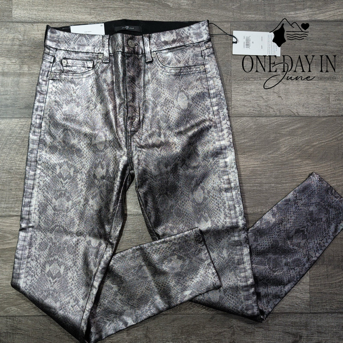 7 For All Mankind High Waist Ankle Skinny Jeans Metallic Snake Print NWT Size 6