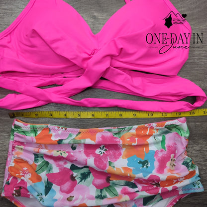CharmLeaks Cross Front Tie Wrap High Waist Bikini Pink Floral Size S
