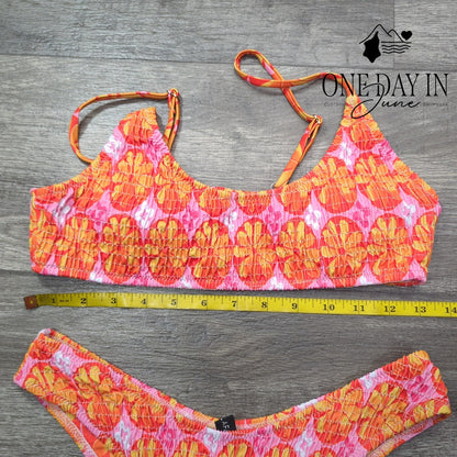 Volafa Smocked Crop Bikini Swimsuit Pink Orange Floral Two Piece Size M