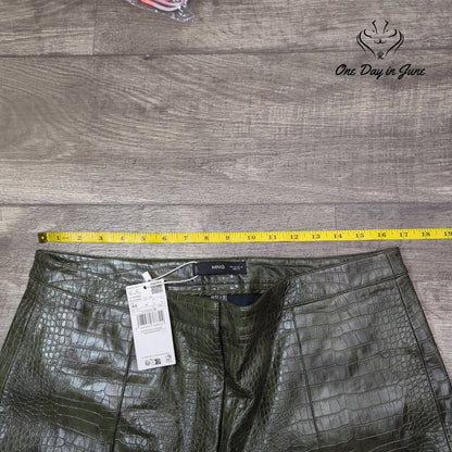 MNG Mango Cassie Faux Croc Leather Straight Leg Pants Olive Green NWT Size 12