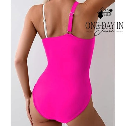 Eomenie One Shoulder One Piece Swimsuit Pink Ombre Colorblock NWT Size M
