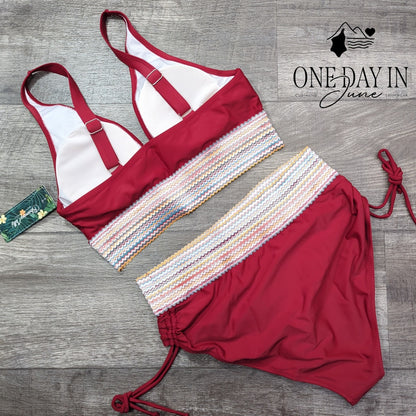 Blooming Jelly Embroidered Band Ruched Tie Side Bikini Swimsuit Size L