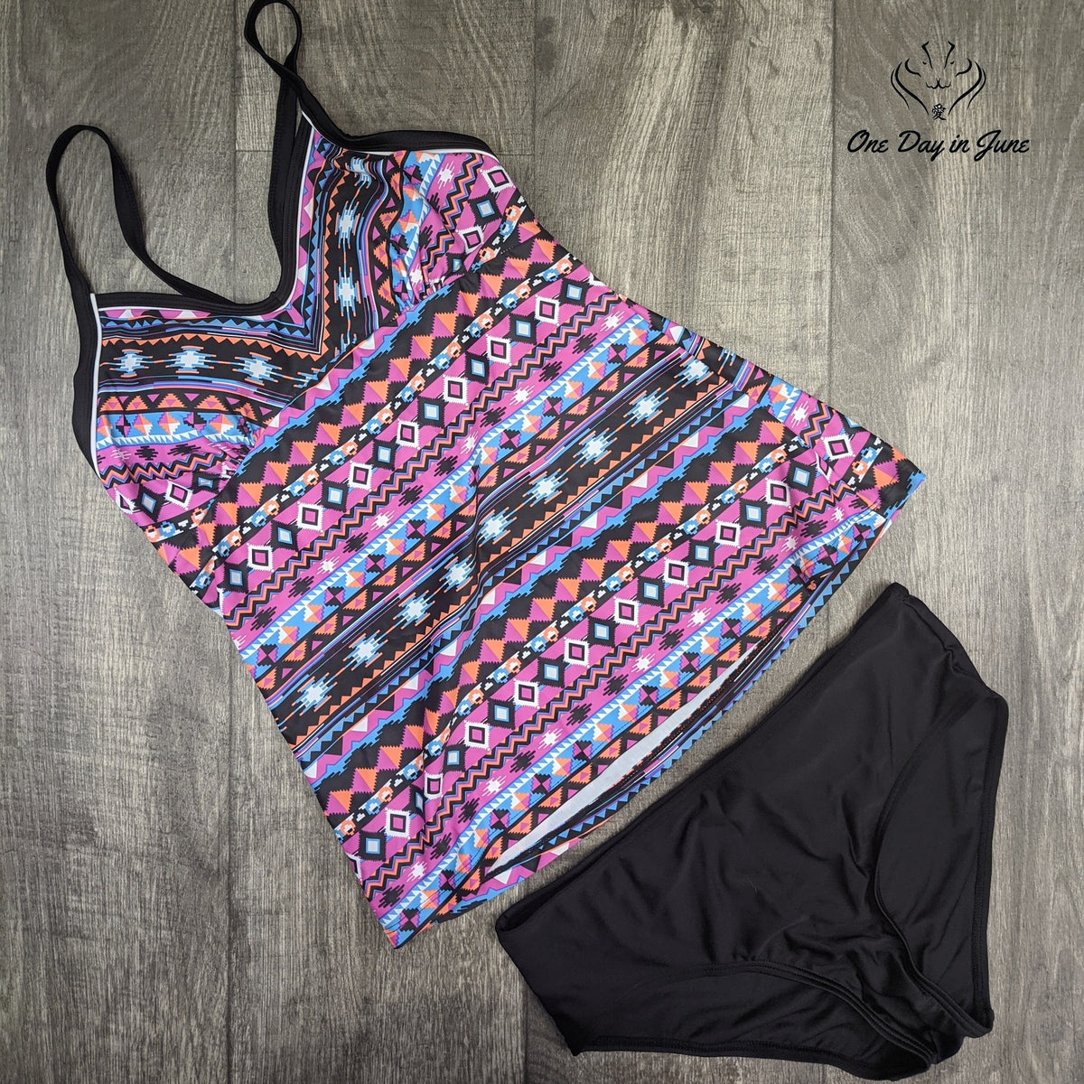 ALove Tribal Geometric Print Tankini Swimsuit Pink Blue Black Size L