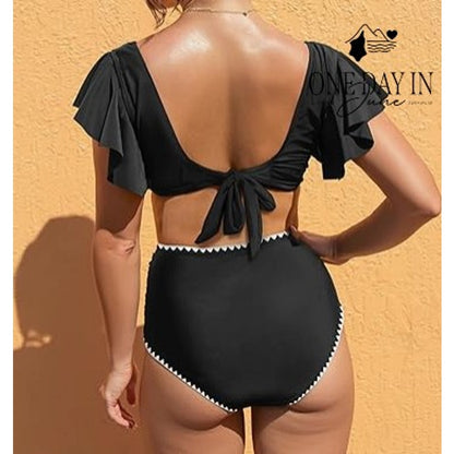 Sporlike Ruffle Shoulder Tie Back High Waist Bikini Swimsuit Black NWT Size M