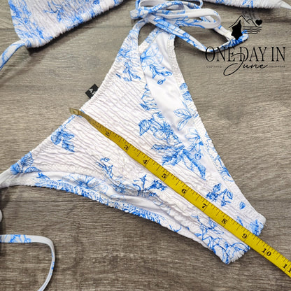 Volafa Smocked Floral Halter Tie Side Bikini Swimsuit Blue White Size L