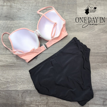 Aqua Eve High Waist Underwire Molded Cup Bikini Pink Black NWT Size M