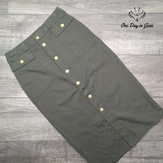 Cato Olive Green Pencil Skirt Gold Snap Front Utility Pockets NWT Size XS
