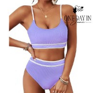 Blooming Jelly Ribbed High Waisted Bikini Swimsuit Lavender Trim NWT Size M
