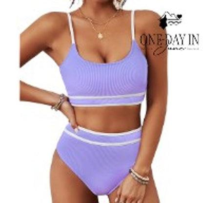 Blooming Jelly Ribbed High Waisted Bikini Swimsuit Lavender Trim NWT Size M