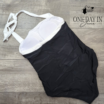 Suuksess Retro Halter Tummy Control One Piece Swimsuit Black White Size L