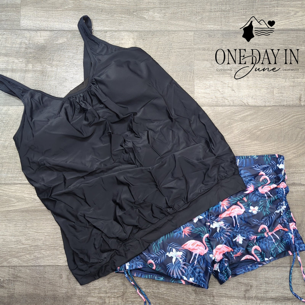 Yonique Blouson Tankini Swimsuit Black Flamingo Print Boyshorts NWT Size XL