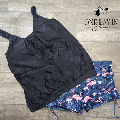 Yonique Blouson Tankini Swimsuit Black Flamingo Print Boyshorts NWT Size XL