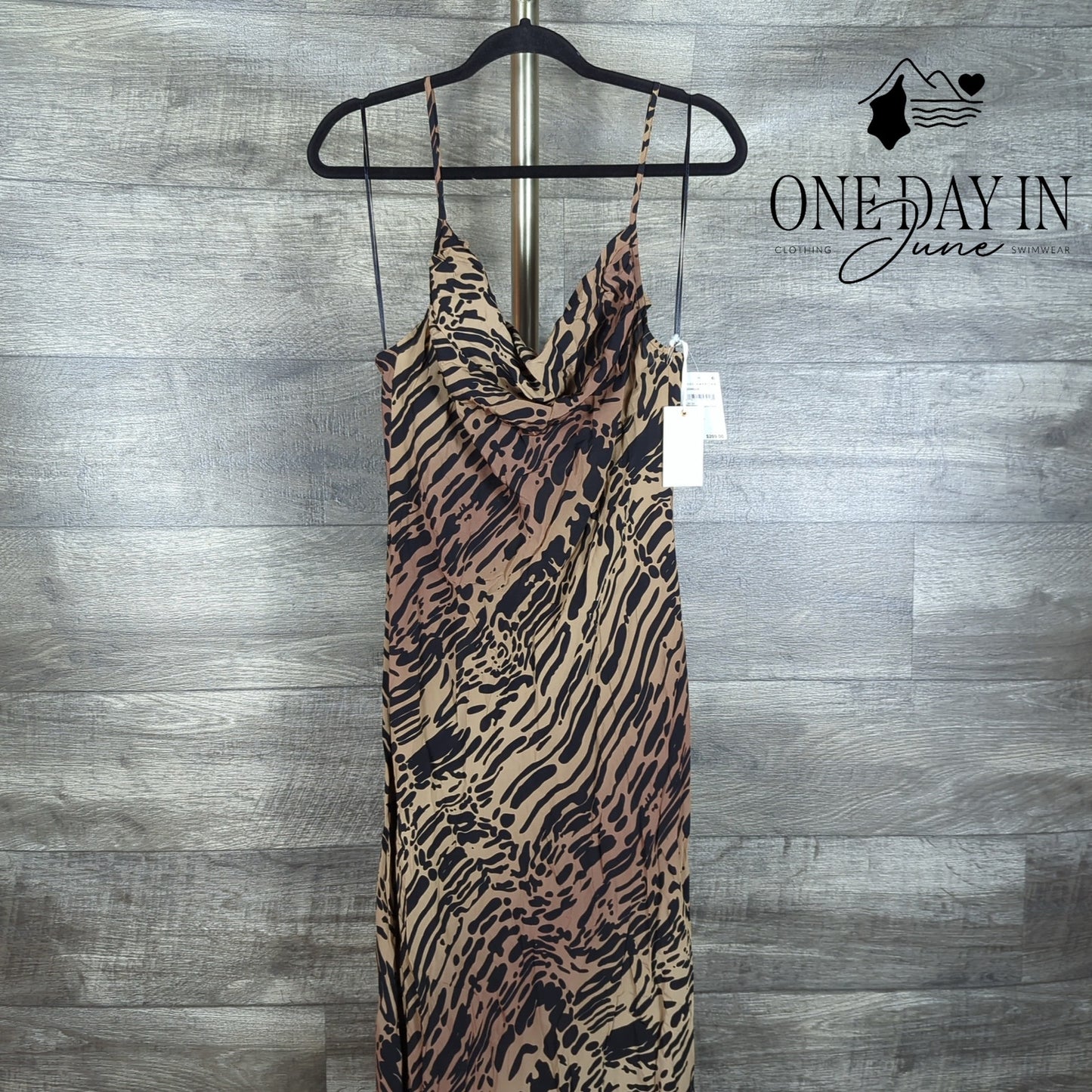 Good American Chiffon Bias Cowl Maxi Dress Warped Leopard NWT Size L