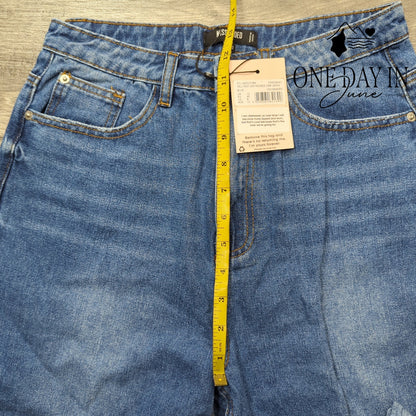 Missguided Tall Riot Distressed Hem Jeans Blue High Rise Straight Leg NWT Size 8
