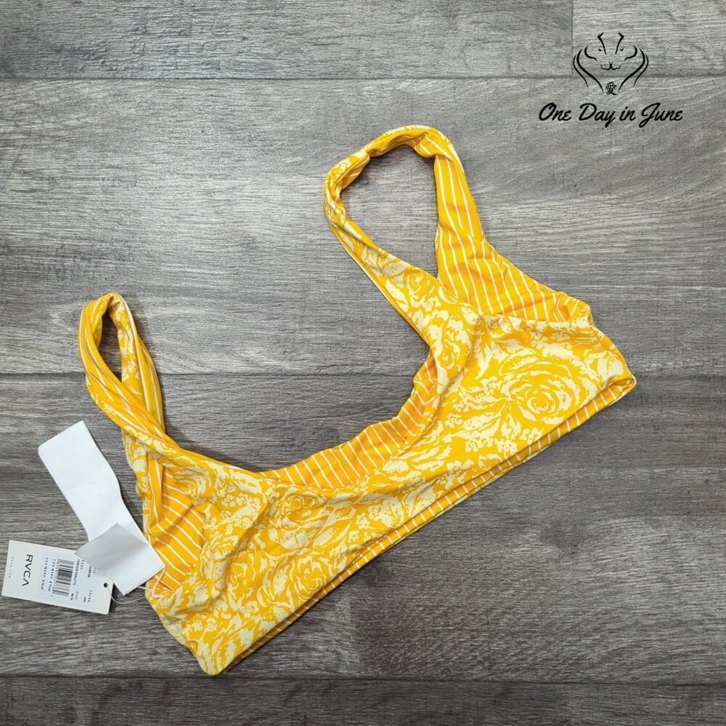 RVCA Forever Bralette Reversible Bikini Top Yellow Floral Stripe NWT Size M