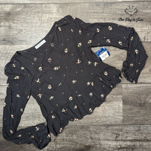 Arizona Jean Co. Juniors Floral Peplum Top Black Long Sleeve Boho NWT Size XS