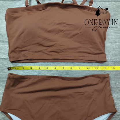 Tempt Me High Waisted Bandeau Bikini Swimsuit Brown NWT Size S