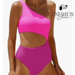Yonique One Shoulder Cutout One Piece Swimsuit Hot Pink Colorblock NWT Size M